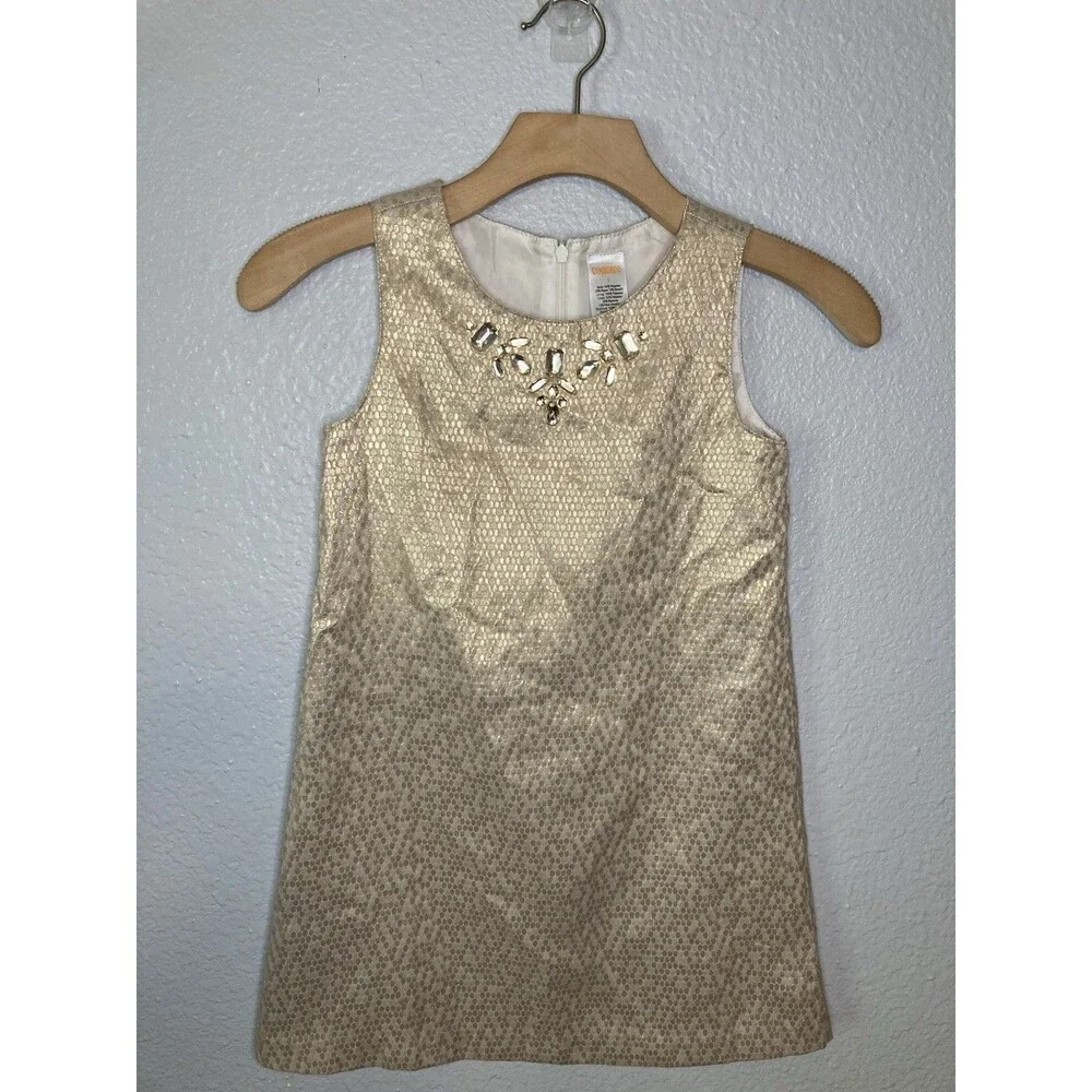 Gymboree Girls Size 7 Dress Gold Metallic Jeweled Lined Bling Embellished